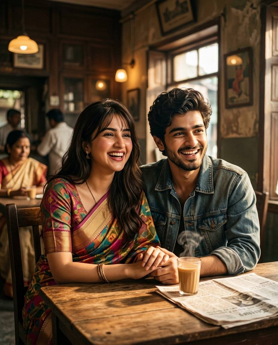 1980s Indian couple portrait AI prompt | Vintage sari, denim jacket and 35mm film