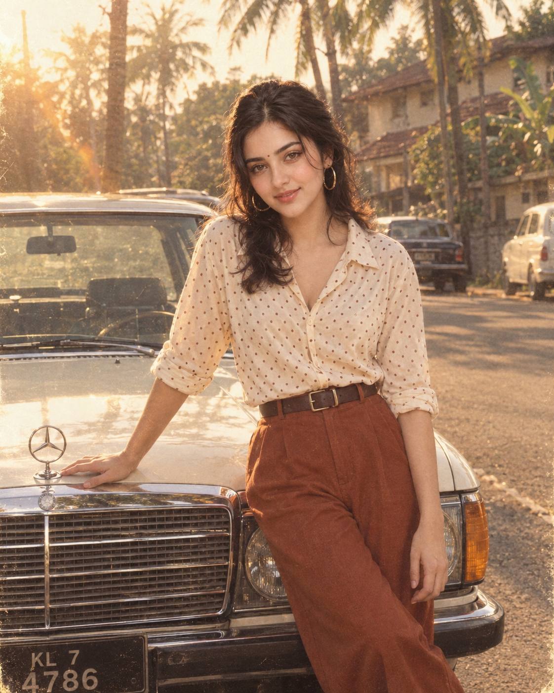 1980s South Indian Vintage Photo Prompt – Kerala Roadside Mercedes Retro Portrait
