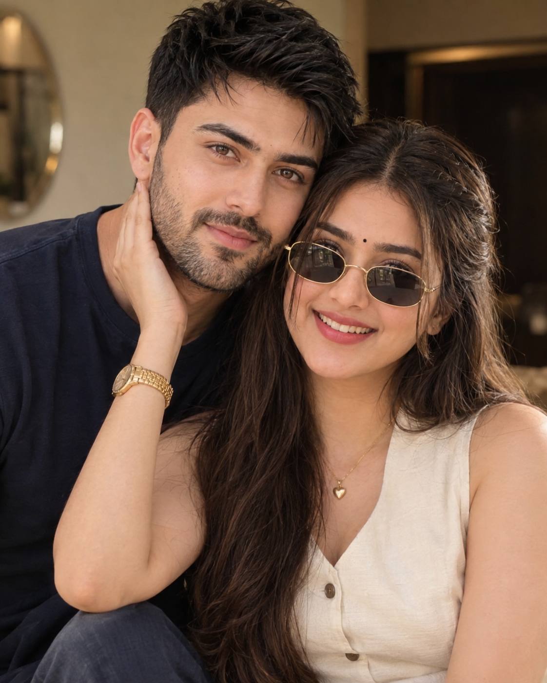 Candid Indian couple AI prompt | Beige vest, retro sunglasses & warm light
