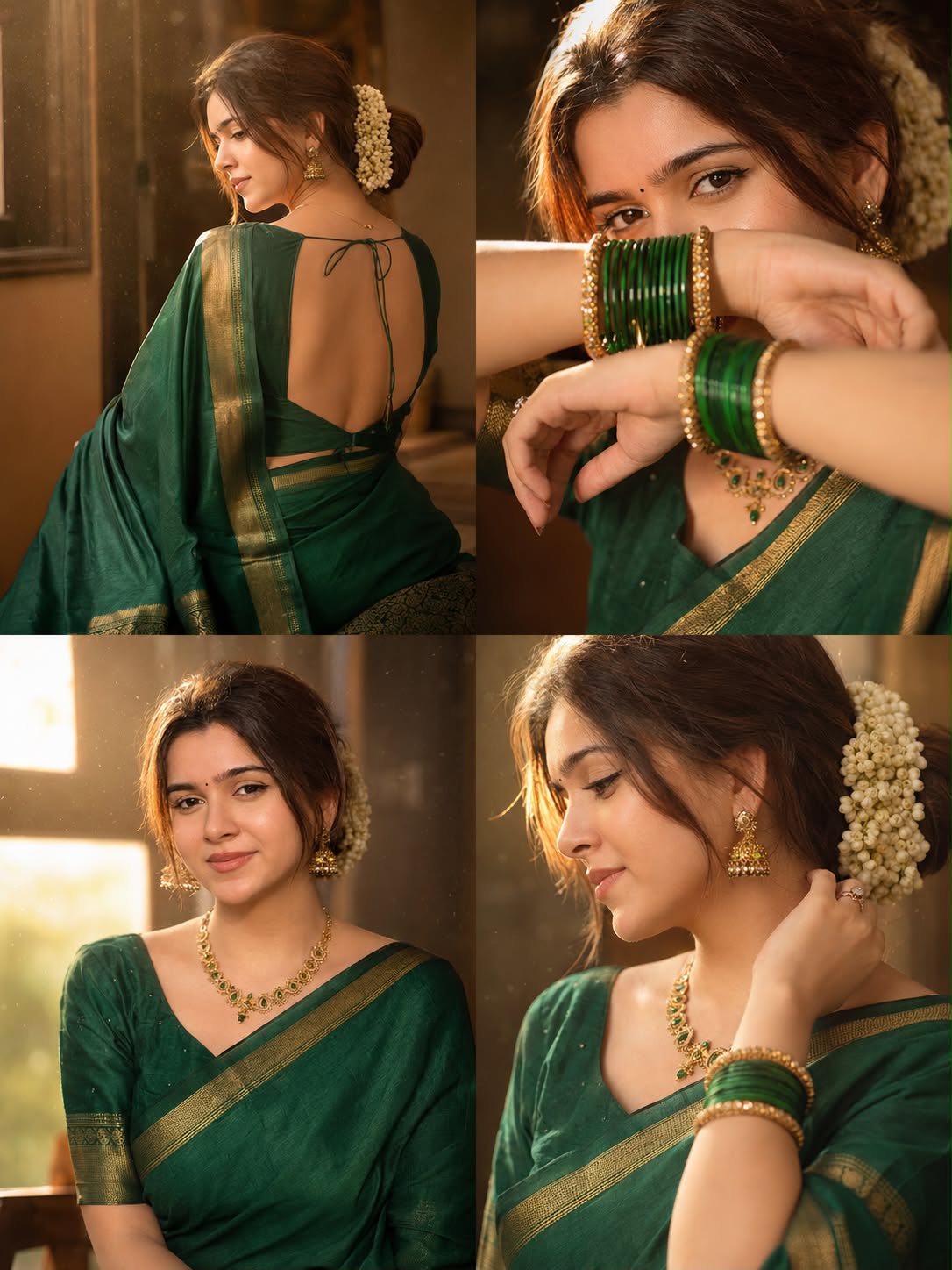 Cinematic Indian Bridal Portrait AI Prompt – 4 Panel Wedding Collage