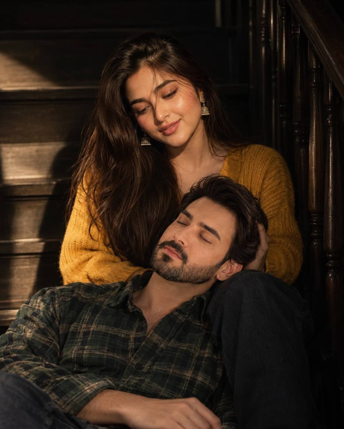 Romantic couple portrait AI prompt | Mustard sweater, plaid shirt & dramatic staircase