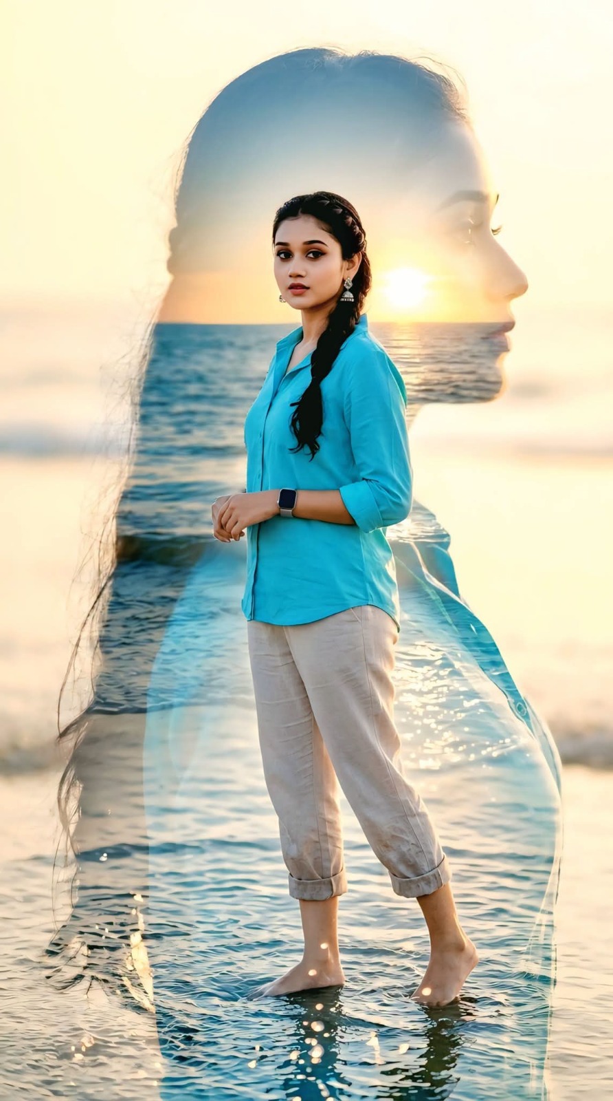 Double Exposure Beach Portrait AI Prompt | Ultra Realistic Sunset Ocean Photography (8K)
