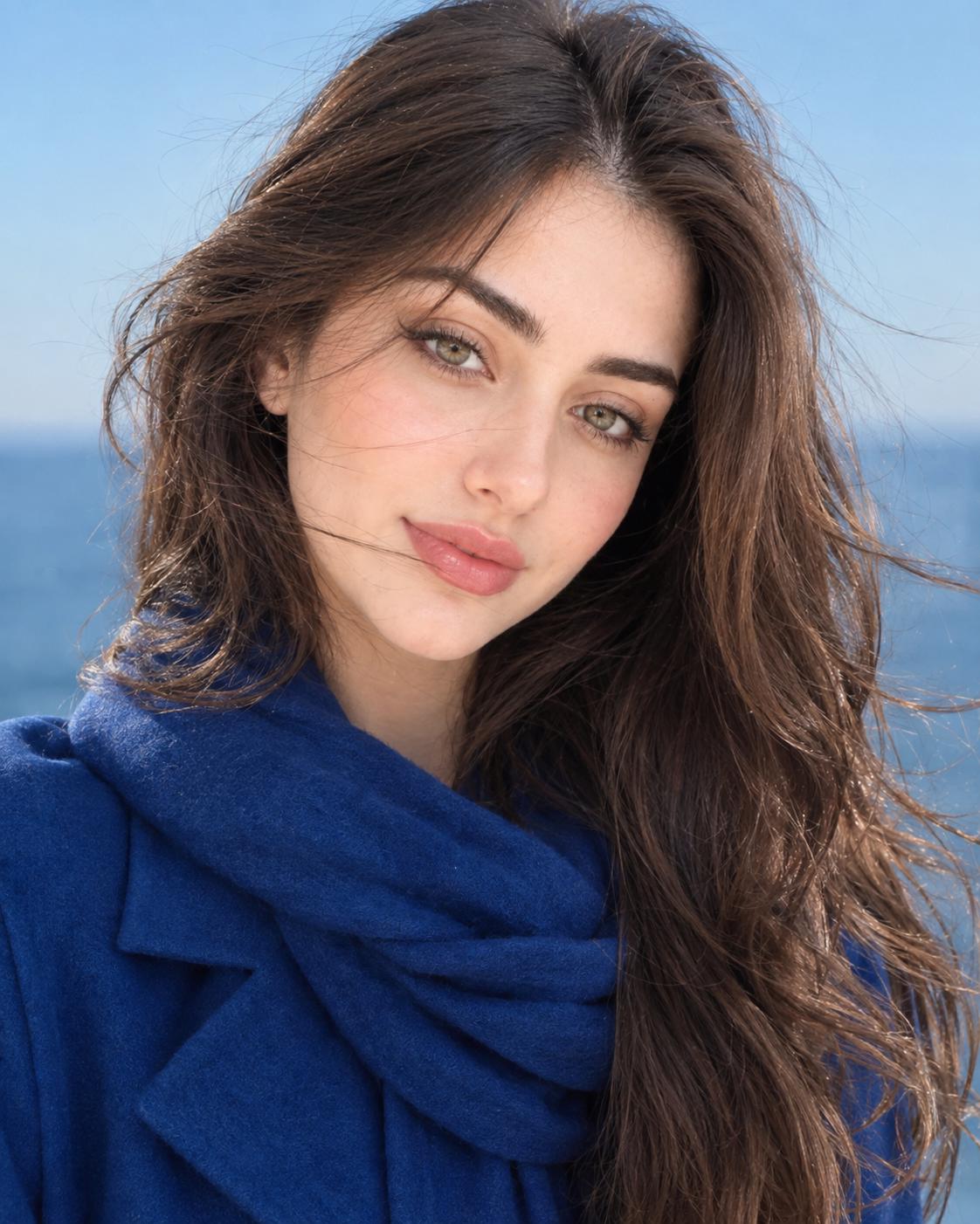 Young Woman Royal Blue Coat Portrait AI Image Prompt | Wind-Blown Hair & Serene Outdoor Background