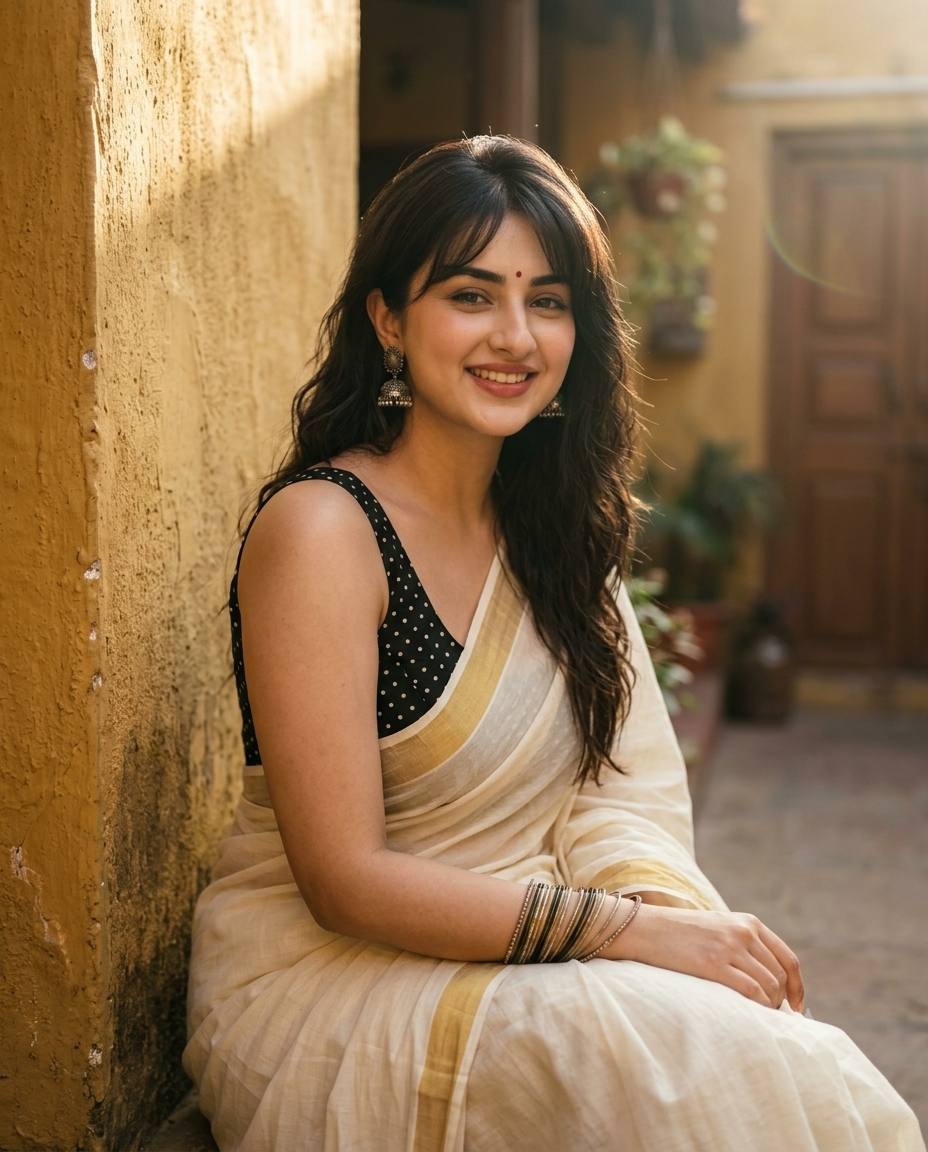 indian woman saree portrait AI prompt | Cream saree, mustard wall and golden hour
