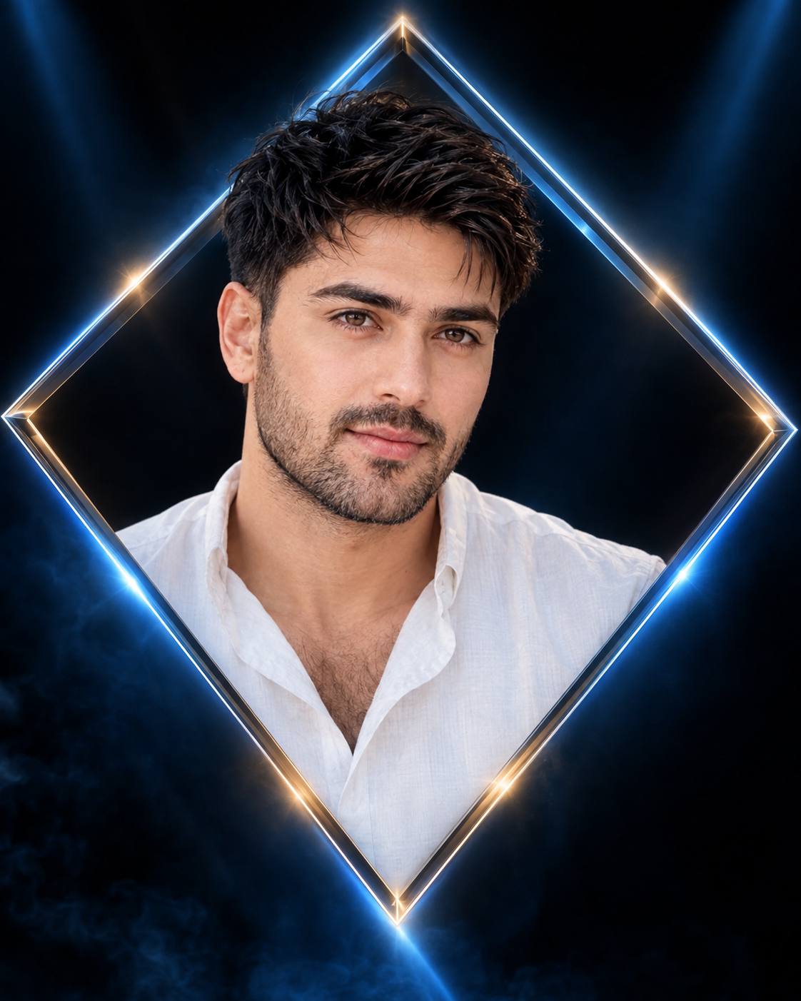 Futuristic diamond frame portrait AI prompt | Blue glow & black background