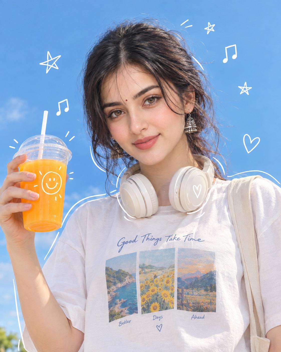 Playful Pop-Art AI Image Prompt | joyful Blue Sky Girl with Orange Juice & Music Doodles