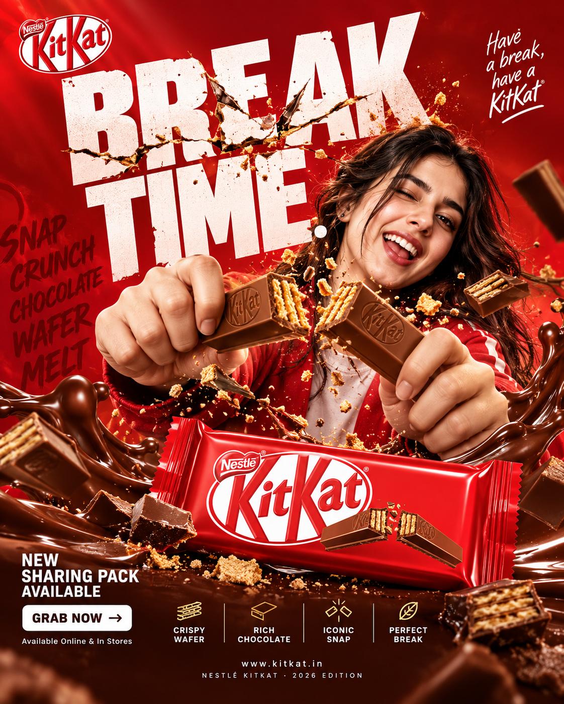 editorial KitKat Chocolate Break Time Advertisement AI Prompt | Cinematic Commercial Poster