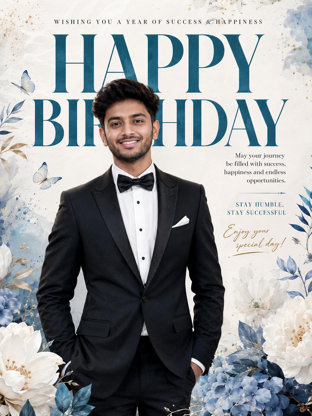 Luxury Birthday Portrait Cinematic AI Image Prompt | Hyper-Realistic Tuxedo Editorial Poster