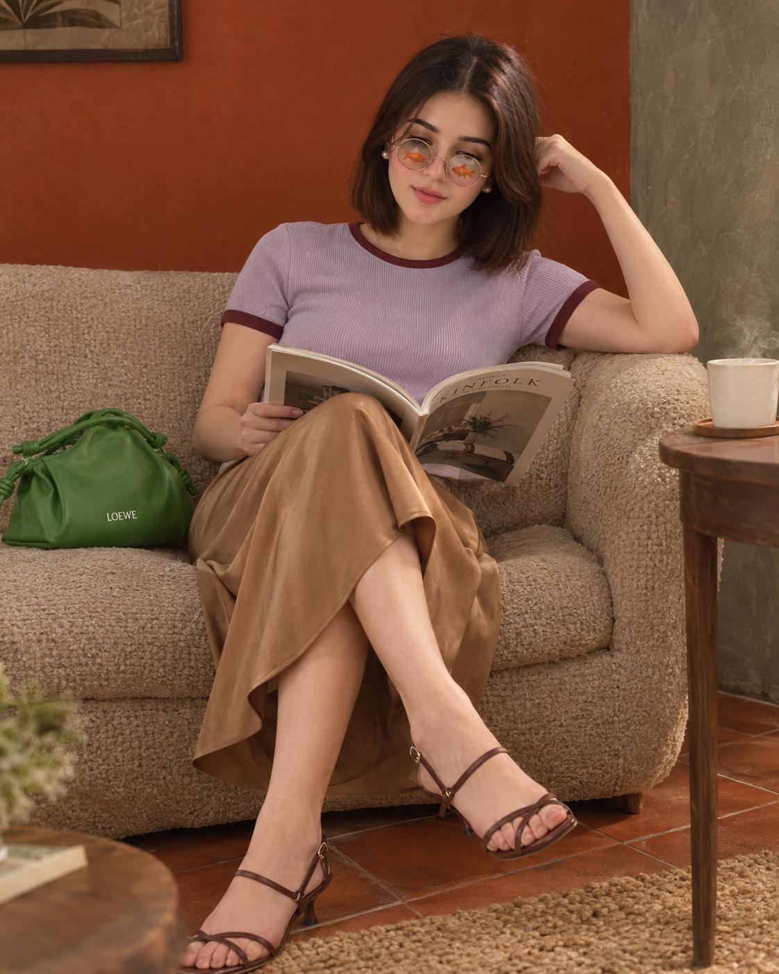 East Asian Woman Editorial Portrait AI Image Prompt | Goldfish Glasses & Terracotta Interior