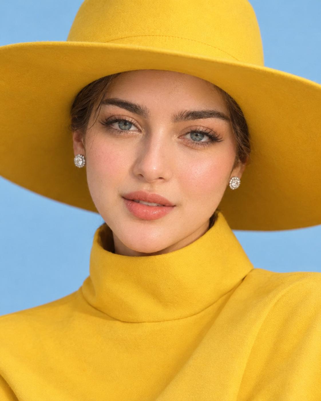 Yellow Hat Fashion Portrait AI Image Prompt | Blue-Eyed Editorial Beauty & Pastel Studio