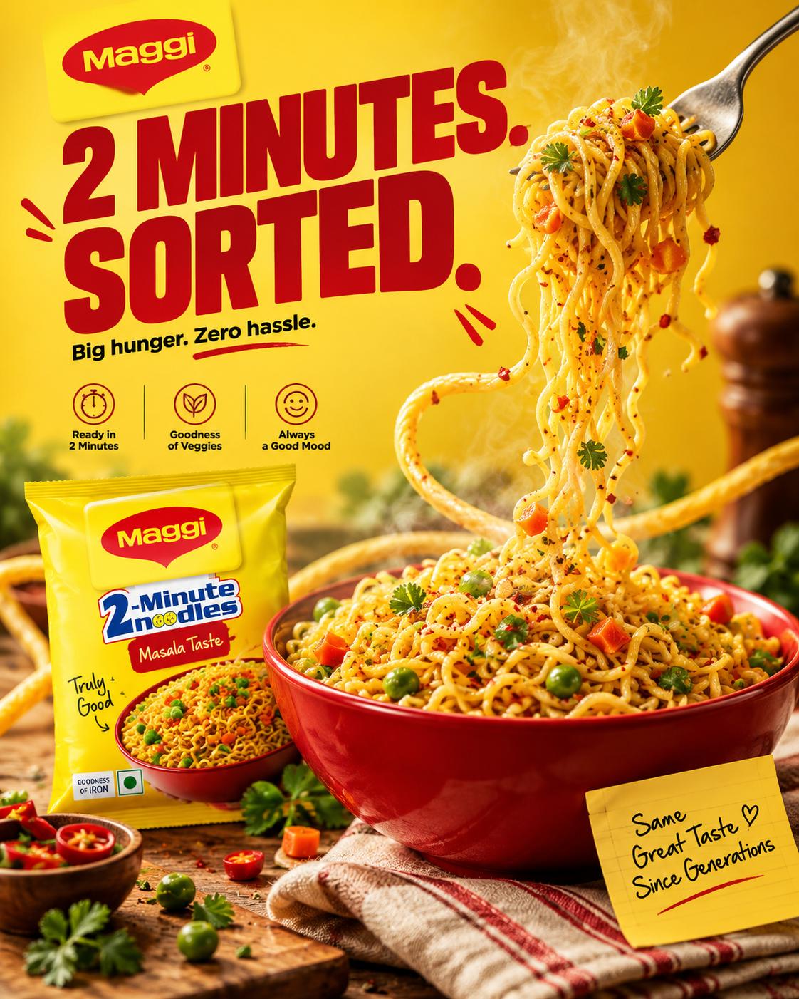 MAGGI Noodles Food Advertisement Photorealistic AI Ads Prompt | Premium Commercial Creatives