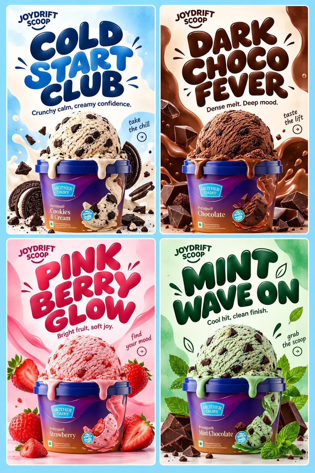 Ice cream commercial AI prompt | 4-panel layout, creamy texture & premium product ad