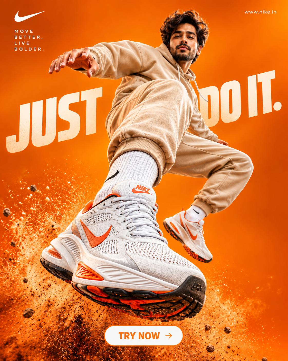 Sports Shoes Advertisement – Ads AI Poster Prompt | Athletic Male Model, Orange Studio & 8K