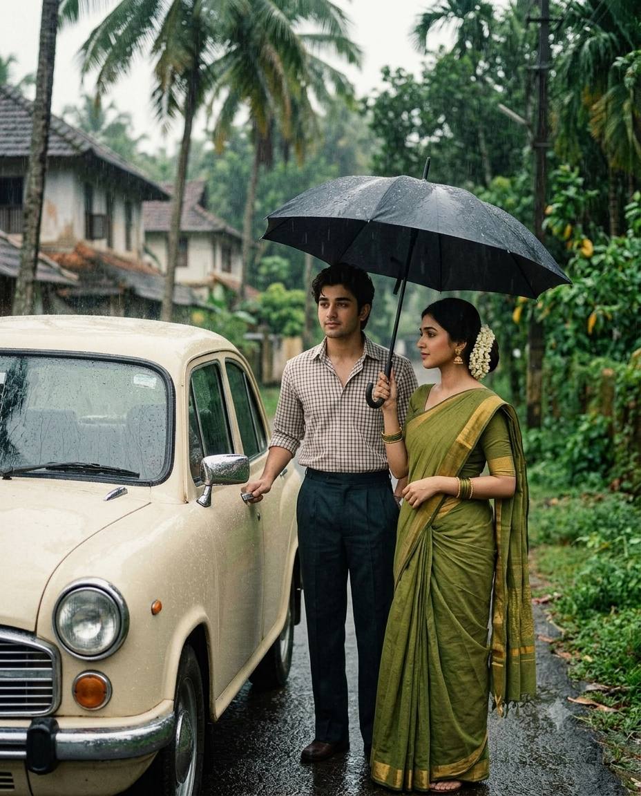 1980s Kerala Monsoon Couple Portrait – Vintage Ambassador Car AI Photo Prompt