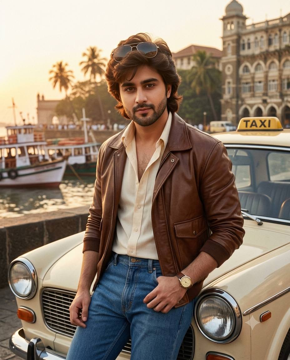 1980s Mumbai vintage portrait AI prompt | Bollywood retro man with Premier Padmini