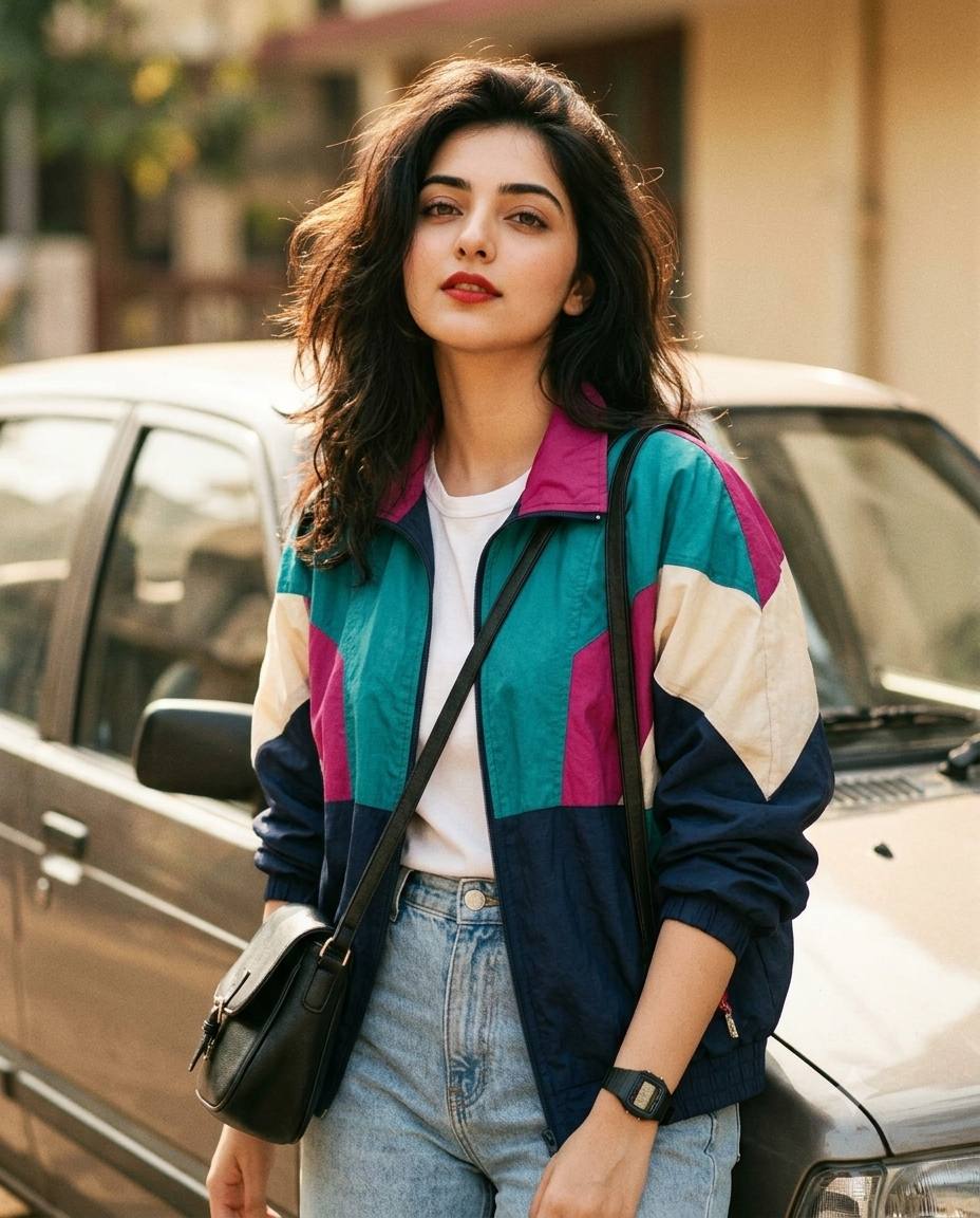 1980s woman portrait AI prompt | Retro fashion and classic car style