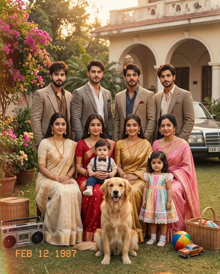 1987 Indian family portrait AI prompt | Authentic 35mm vintage film style