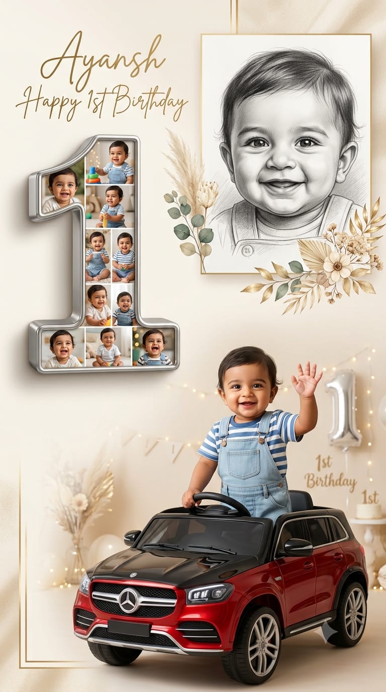 1st Birthday Baby Collage Poster AI Prompt | Premium Birthday Photoshoot Design