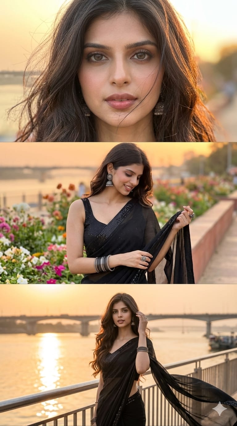 3-Frame Black Saree Collage AI Prompt | Cinematic Instagram Editorial Portrait