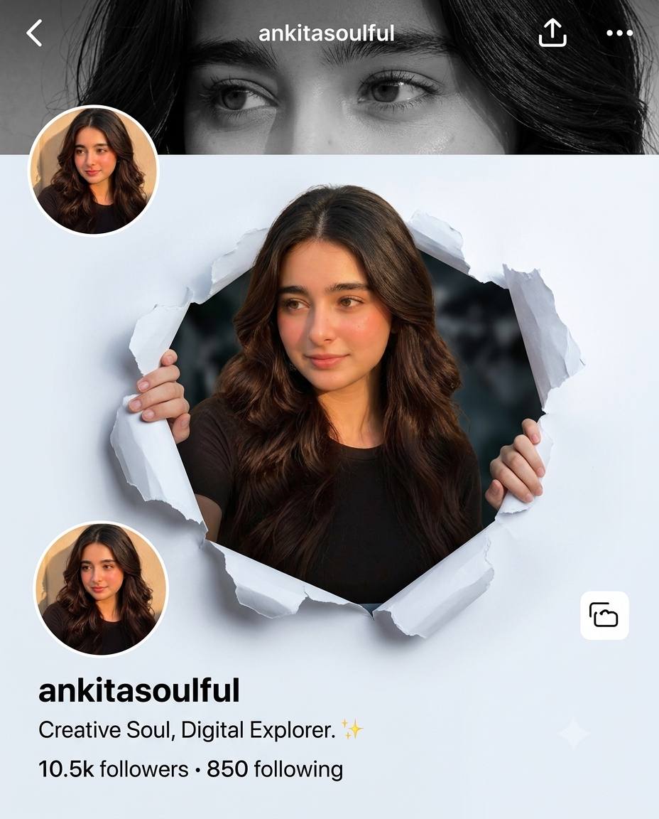 3D social media portrait AI prompt | Torn paper screen & realistic depth