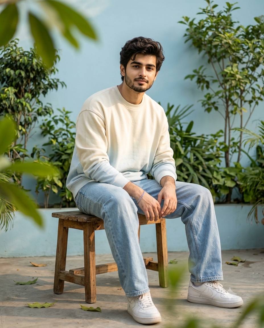 90s aesthetic man AI prompt | Cream sweatshirt, denim jeans & vintage setting