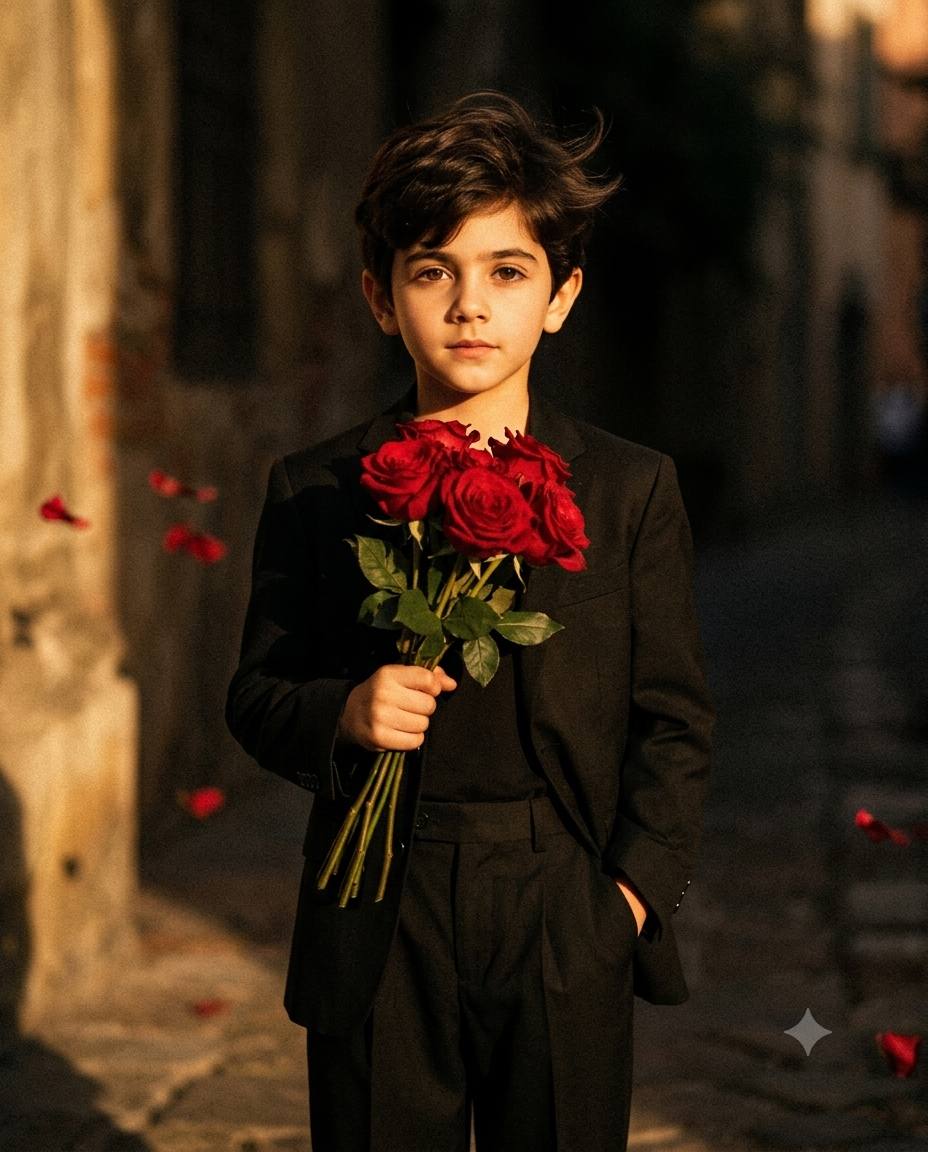 90s retro black suit portrait AI prompt | Red roses & vintage grain