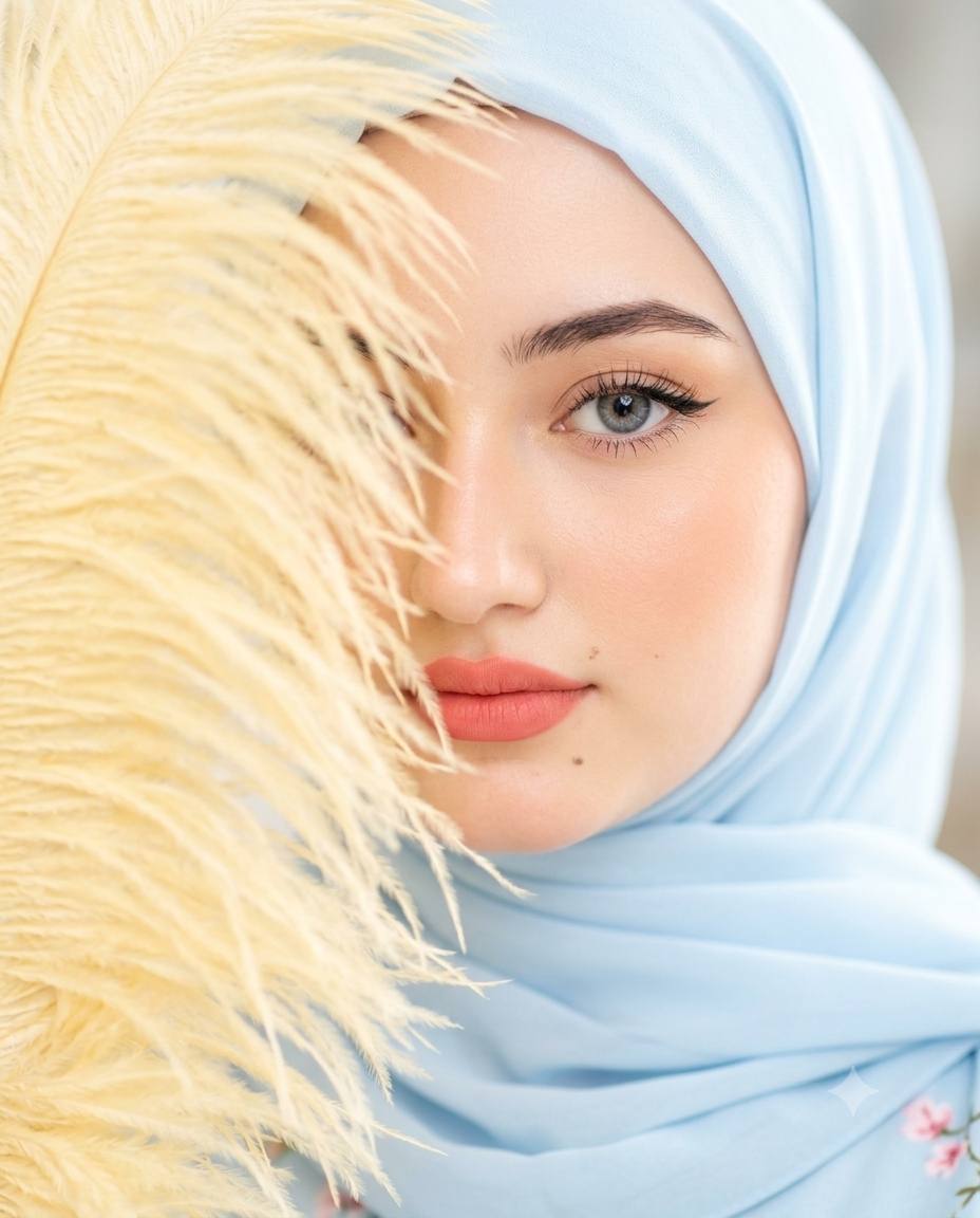 Light blue hijab beauty AI prompt | Yellow feather veil & ethereal glow