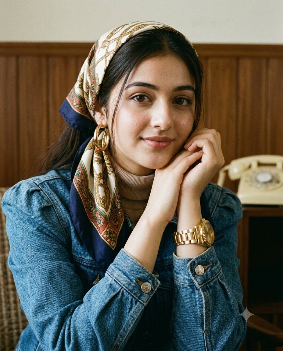 Authentic 1980s AI Photo Transformation – Retro Scarf & Vintage Portrait Prompt