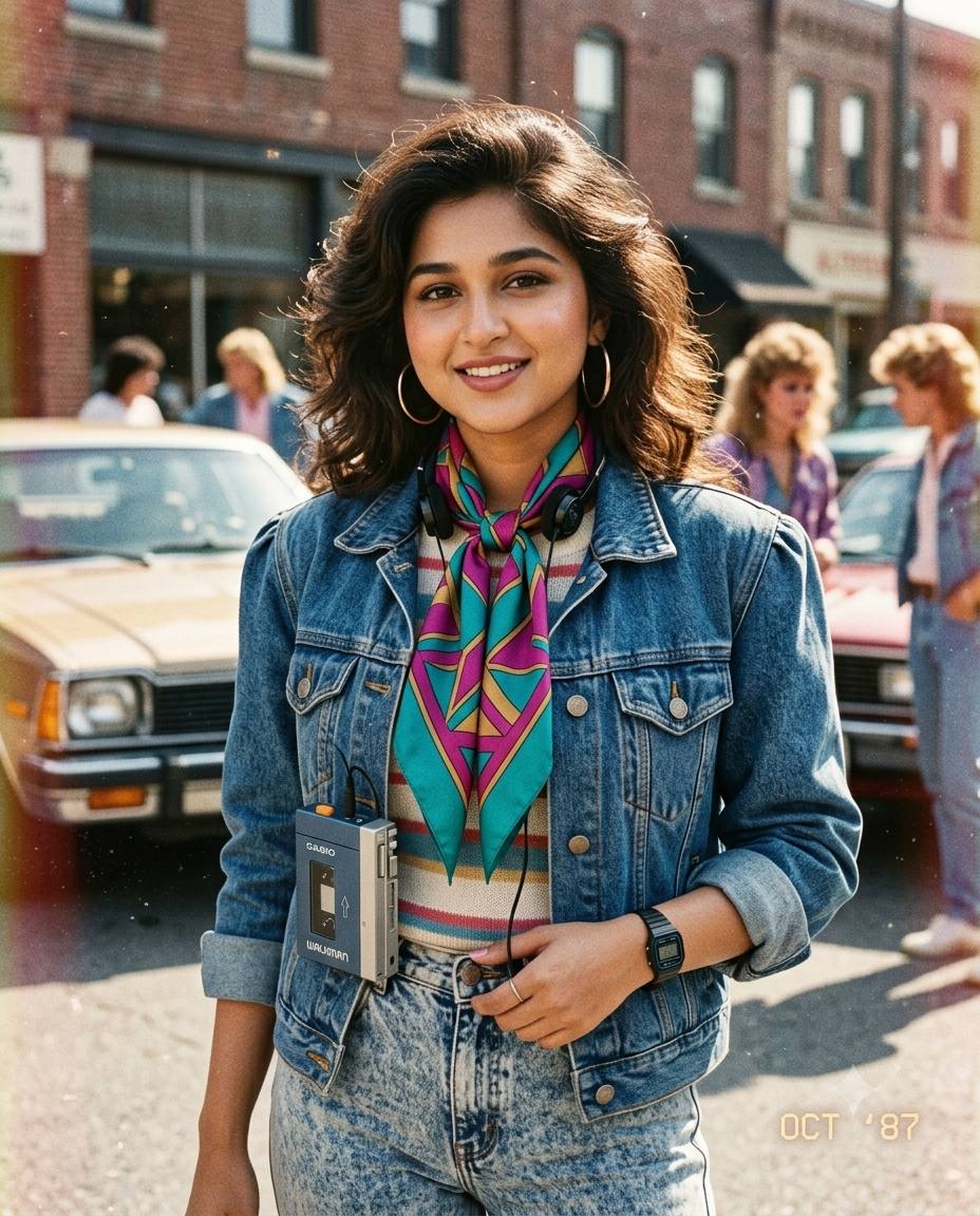 Authentic 1980s AI Photo Transformation – Retro Scarf, Vintage Fashion & Realistic Portrait
