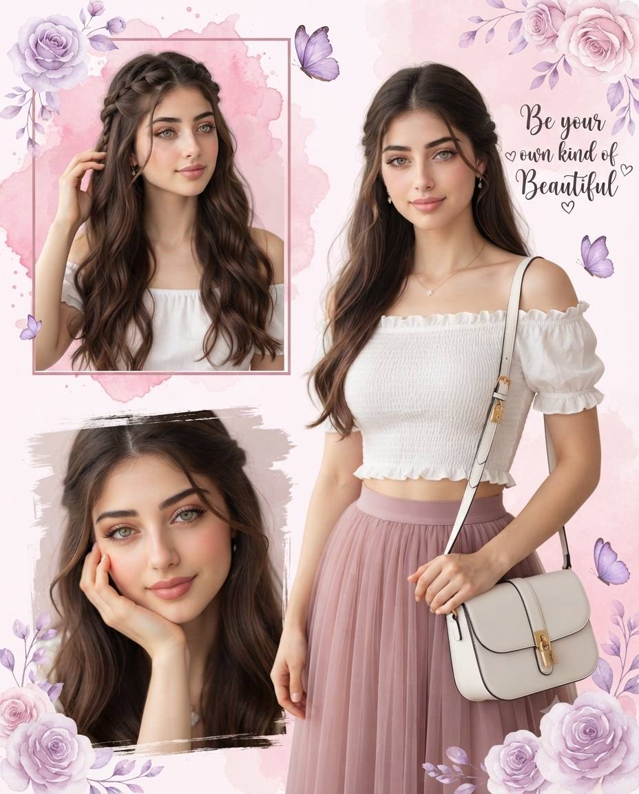 Floral multi-frame beauty collage AI prompt | Cinematic portrait style