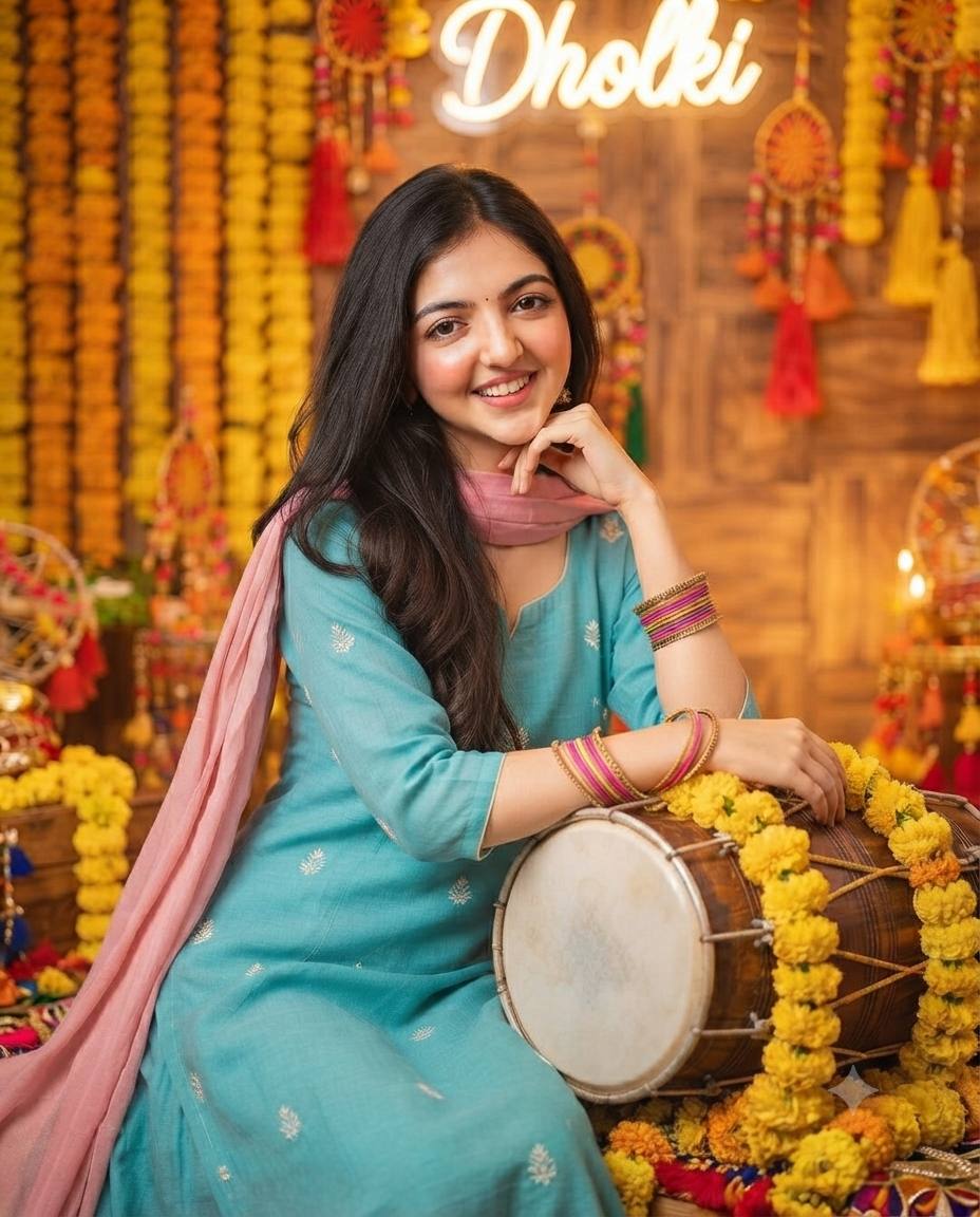 South Asian girl Holi portrait AI prompt | Ultra-realistic dhol and marigold decor