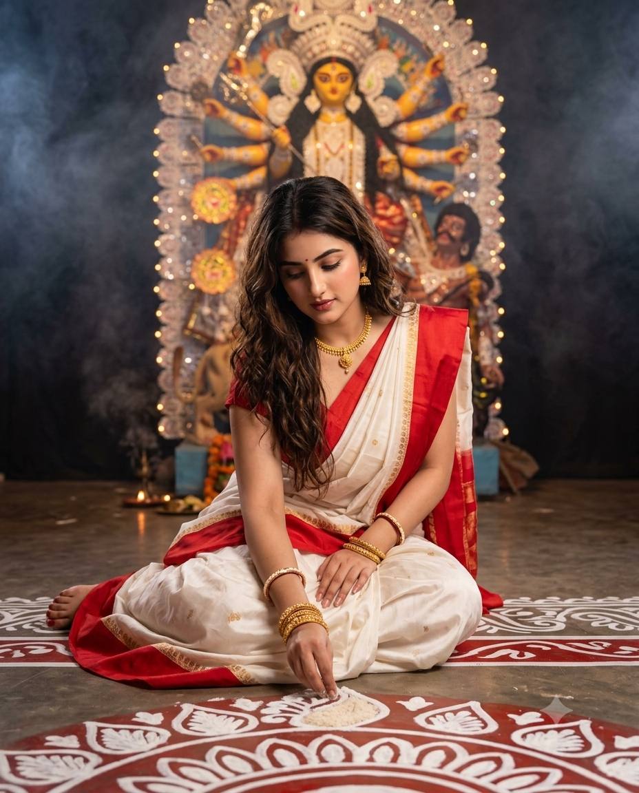 Bengali woman Alpona AI prompt | White-red saree, gold jewelry & festive ambiance