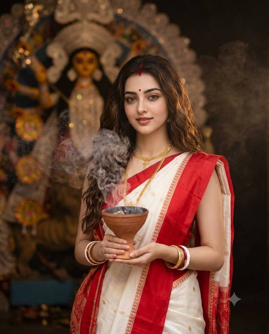 Bengali woman Dhunuchi AI prompt | White-red saree & smoky Durga backdrop