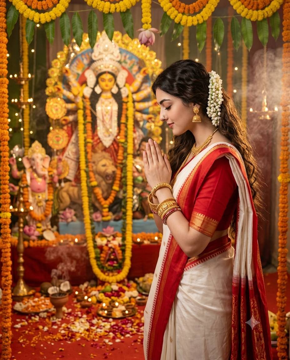 Bengali woman praying to Maa Durga AI prompt | White-red saree & gajra