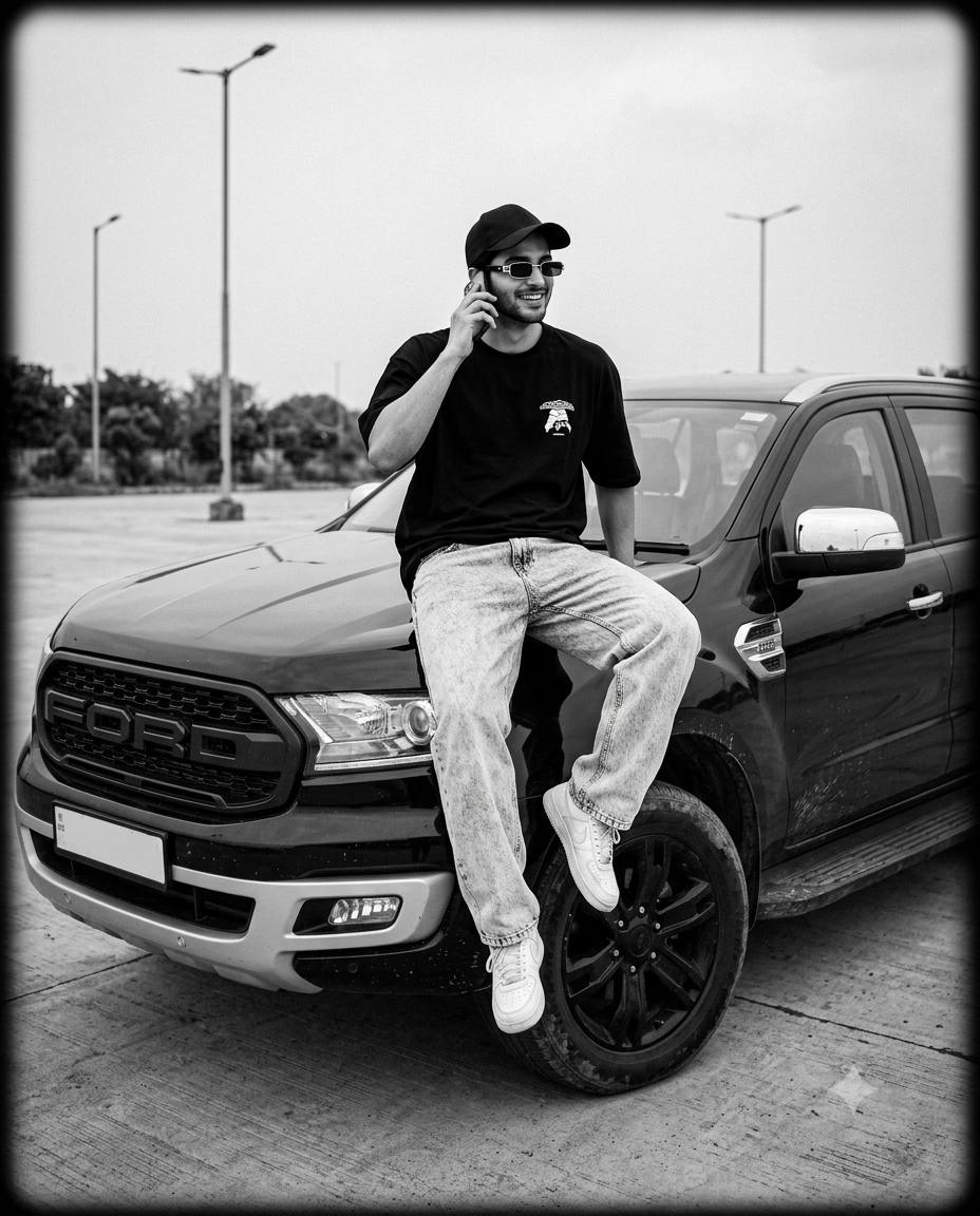 SUV man portrait AI prompt | Baggy jeans & gold-rimmed sunglasses