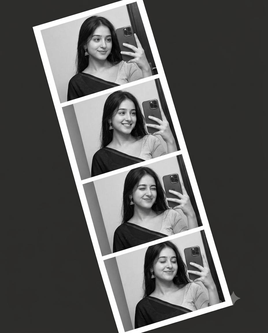 Indian Woman Saree Mirror Selfie AI Image Prompt | Four-Frame Diagonal Filmstrip Collage