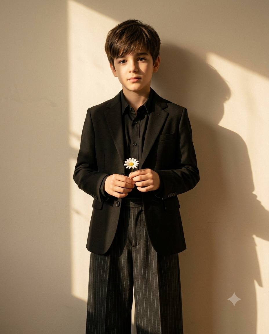 Black blazer kidswear AI prompt | Pinstripe trousers & white daisy