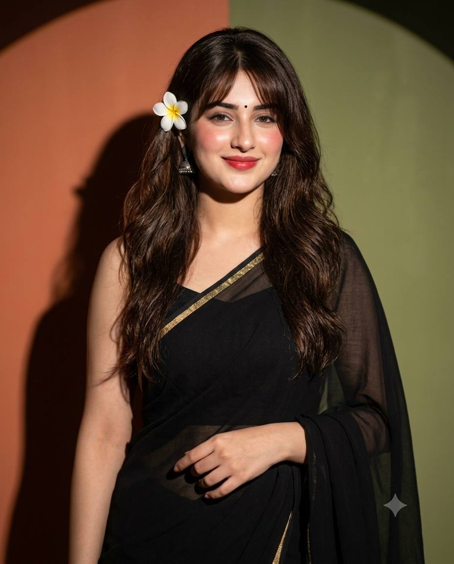 Black chiffon saree AI prompt | Golden border, frangipani & studio lighting