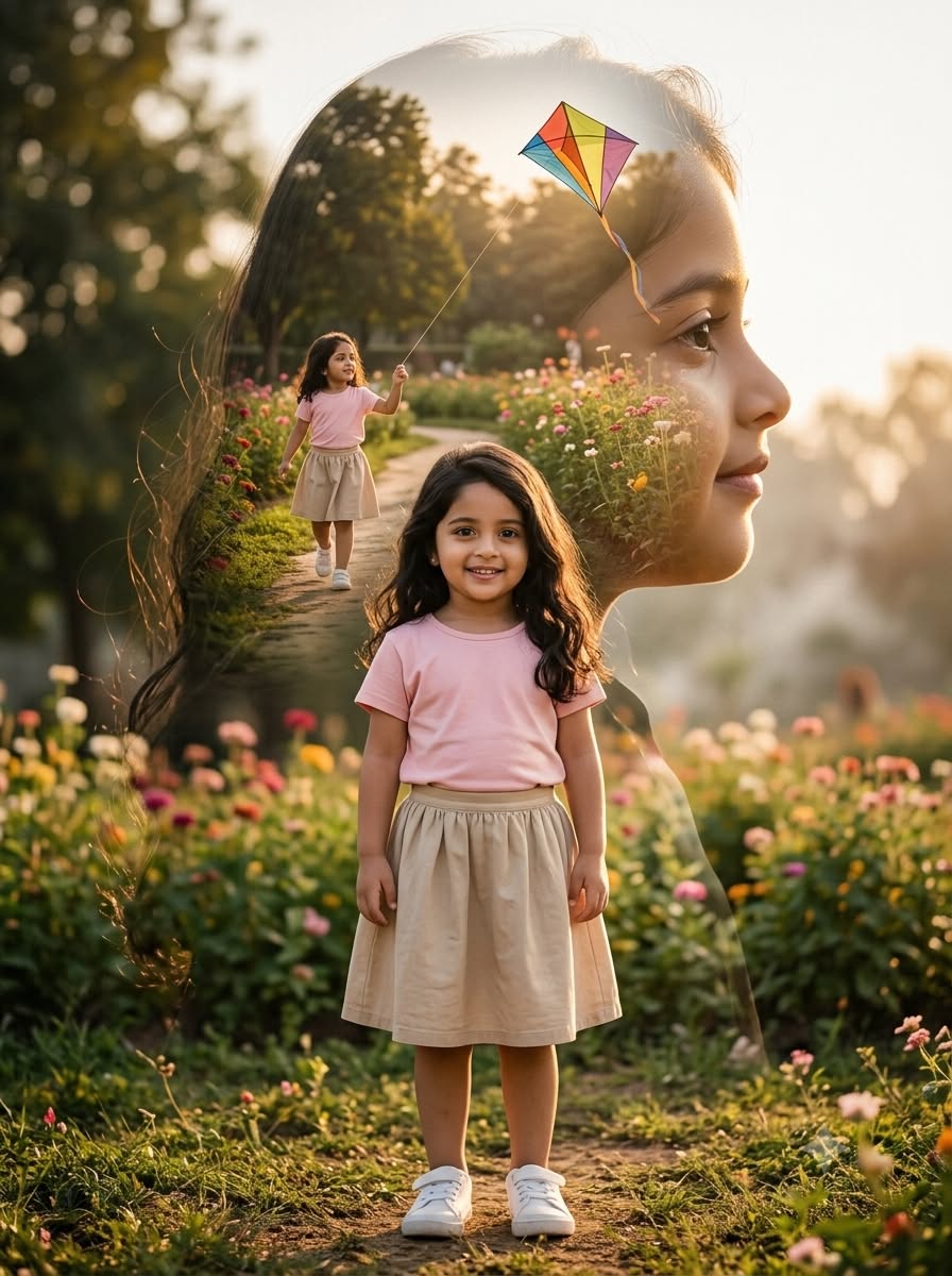 Childhood Double Exposure Portrait Dreamy Cinematic AI Prompt 4:5
