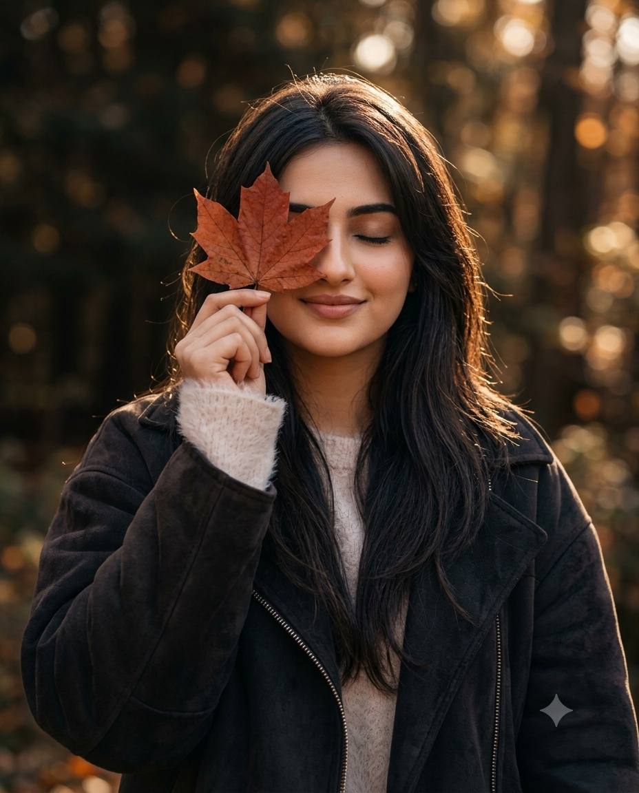 Autumn forest portrait AI prompt | Red maple leaf, suede jacket and golden light
