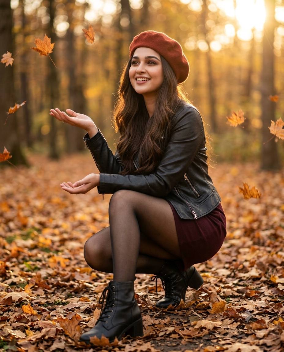 Autumn full-body portrait AI prompt | Rust beret and golden forest bokeh