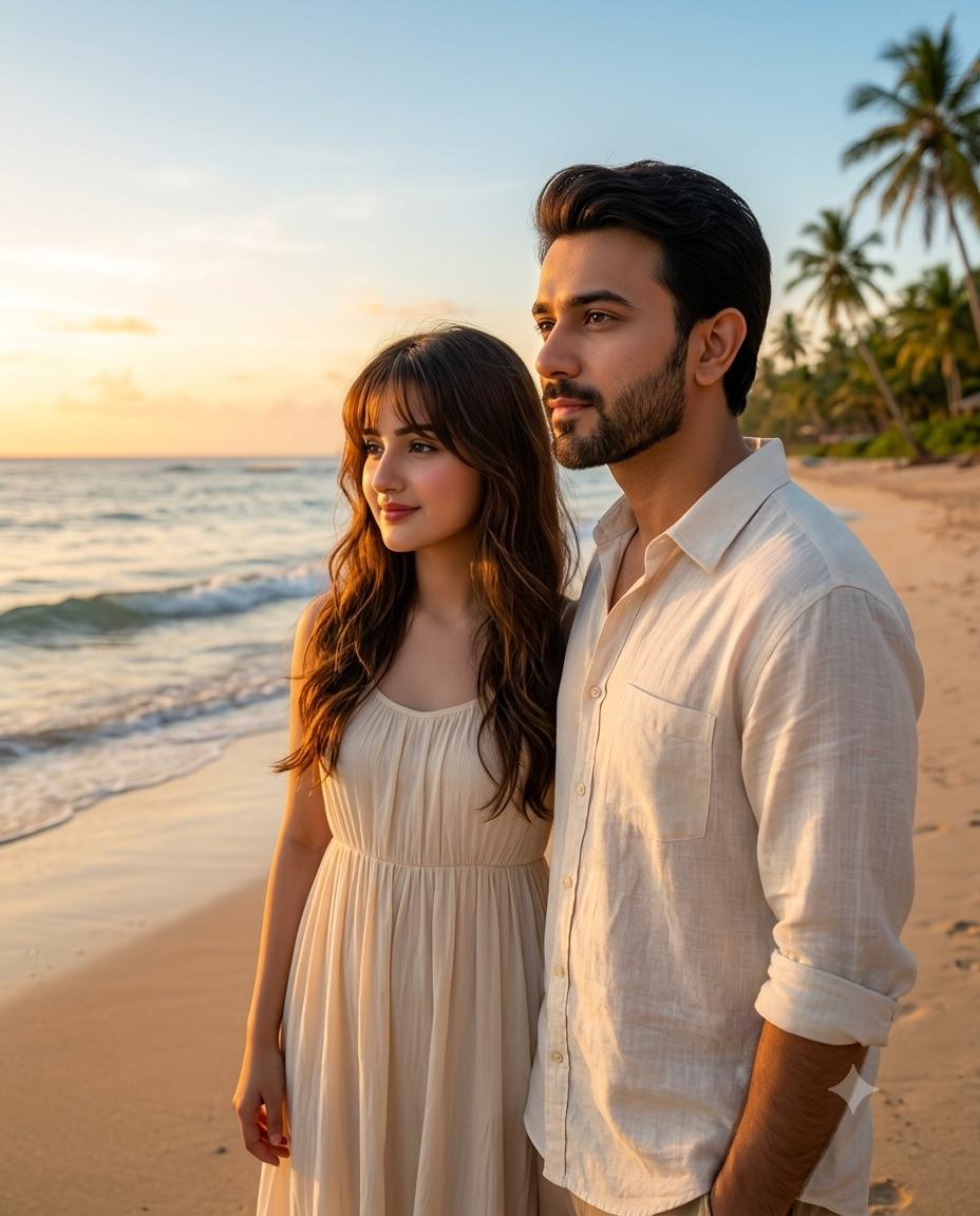 Young Couple Beach Sunset AI Image Prompt | Warm Golden Light & 35mm Film Aesthetic
