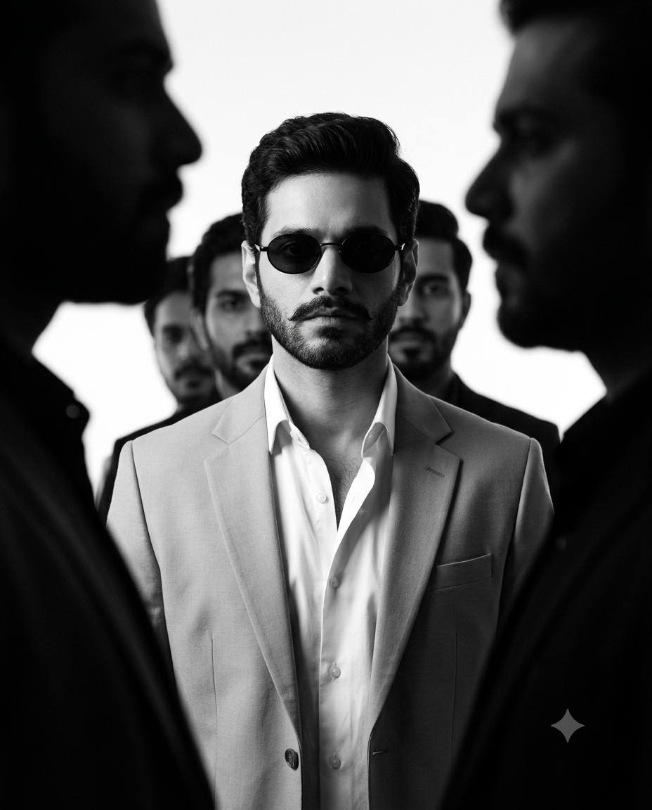 Black & white male portrait AI prompt | White blazer, oval sunglasses & crowd