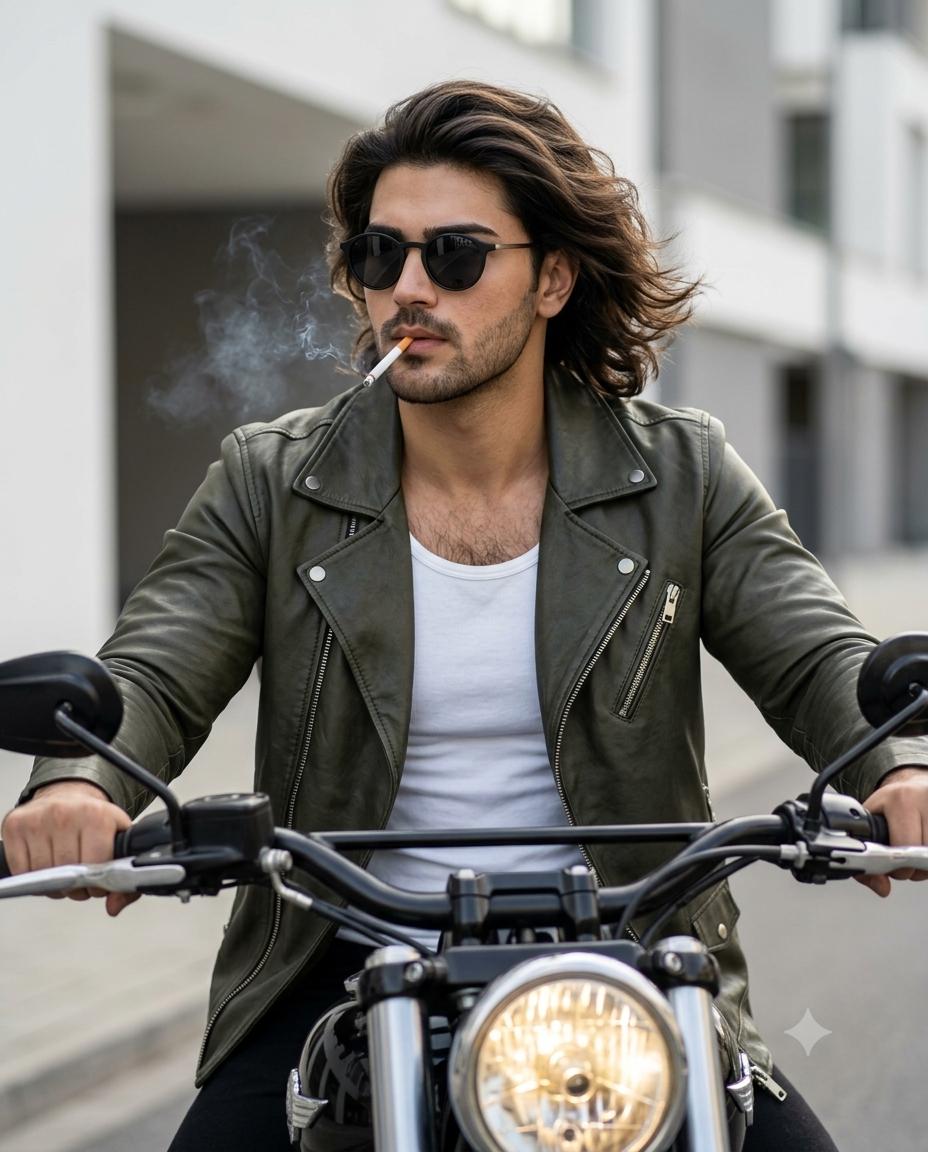 Black Motorcycle Rider Portrait AI Image Prompt | Olive Leather Jacket & Urban Editorial