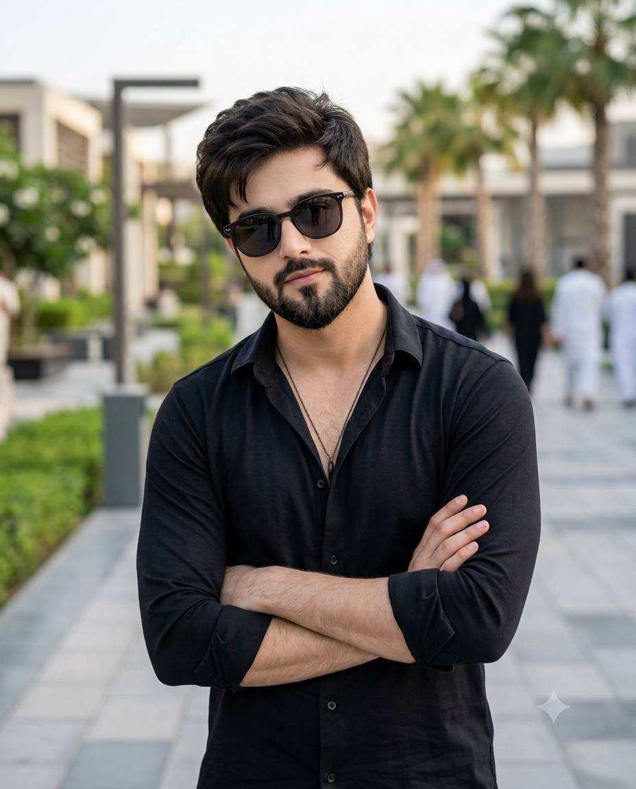 Black shirt portrait AI prompt | Sunglasses, outdoor photorealistic style