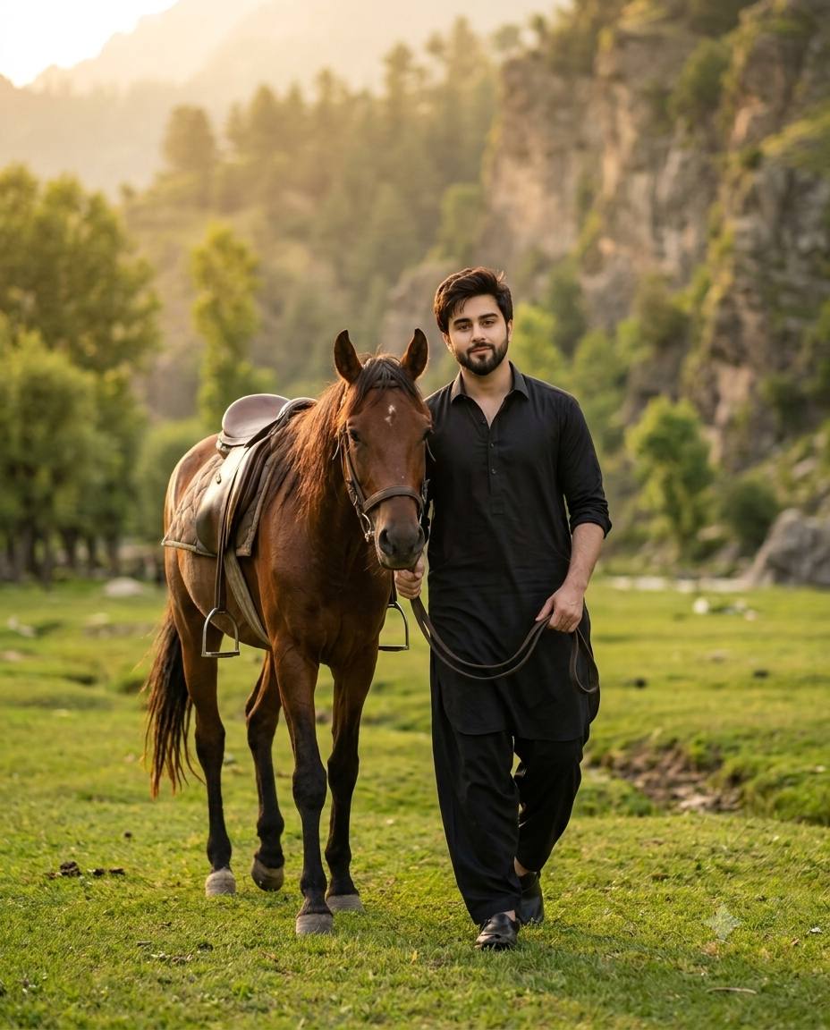 Equestrian valley portrait AI prompt | Brown horse and golden hour