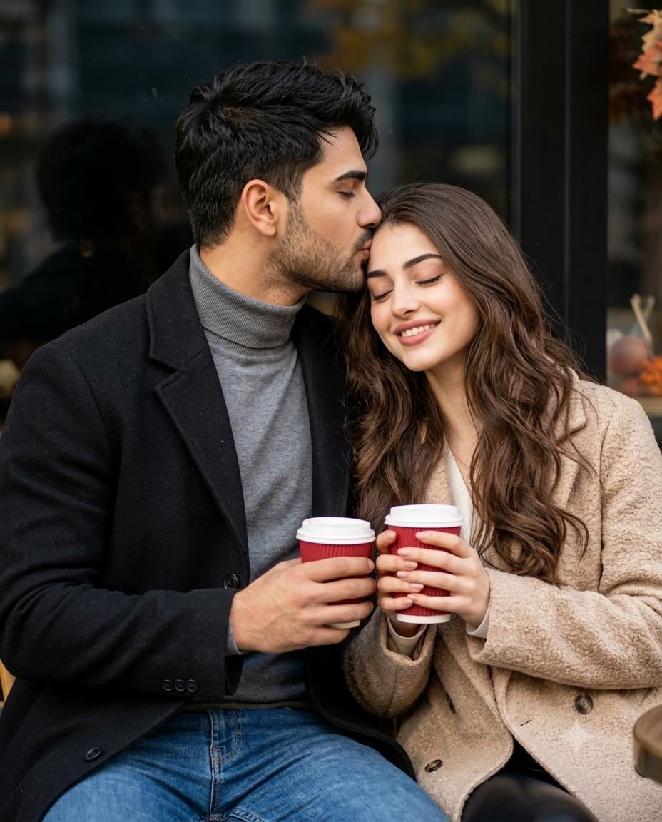 couple café portrait AI prompt | Autumn romance, coffee & cinematic photography