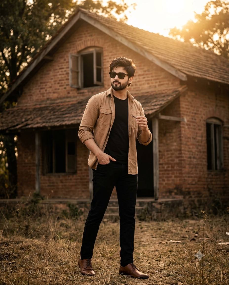 Indian man abandoned brick house portrait AI prompt | Cinematic golden hour style