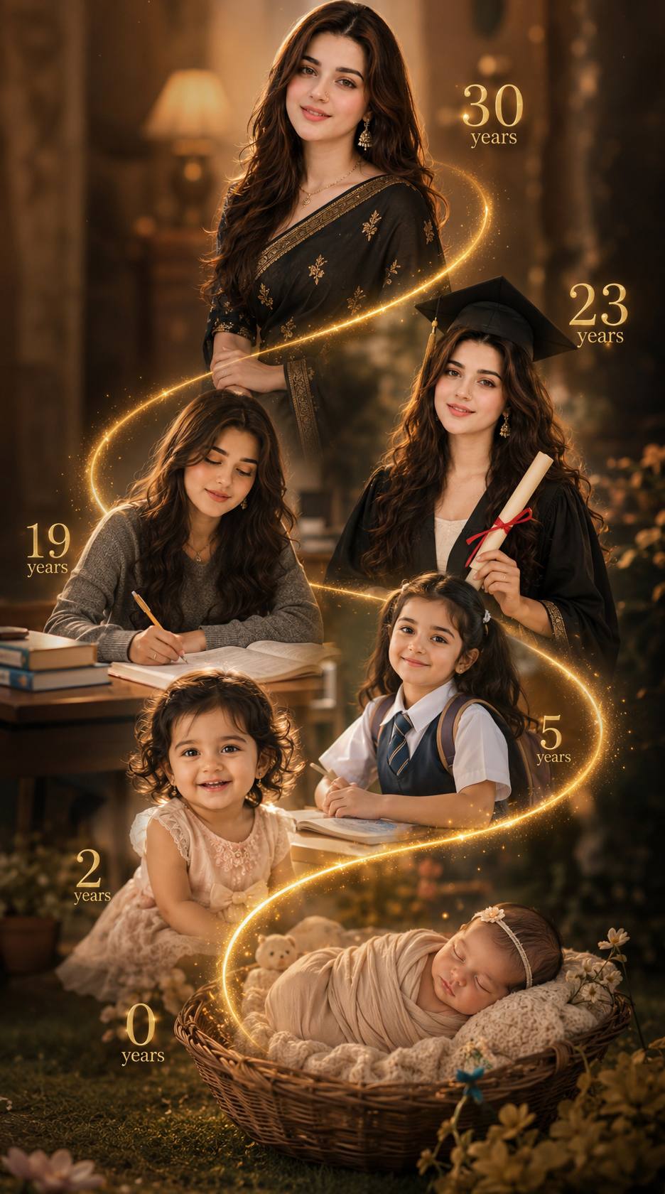 Cinematic Life Journey Portrait of a Girl from Newborn to 30 Years | AI Image Prompt