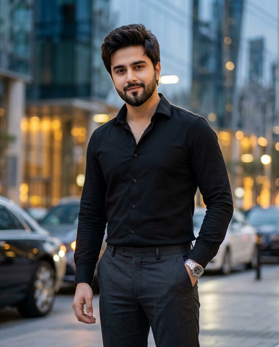 Man Luxury Fashion Portrait AI Image Prompt | Black Textured Shirt & Blue Hour City Style